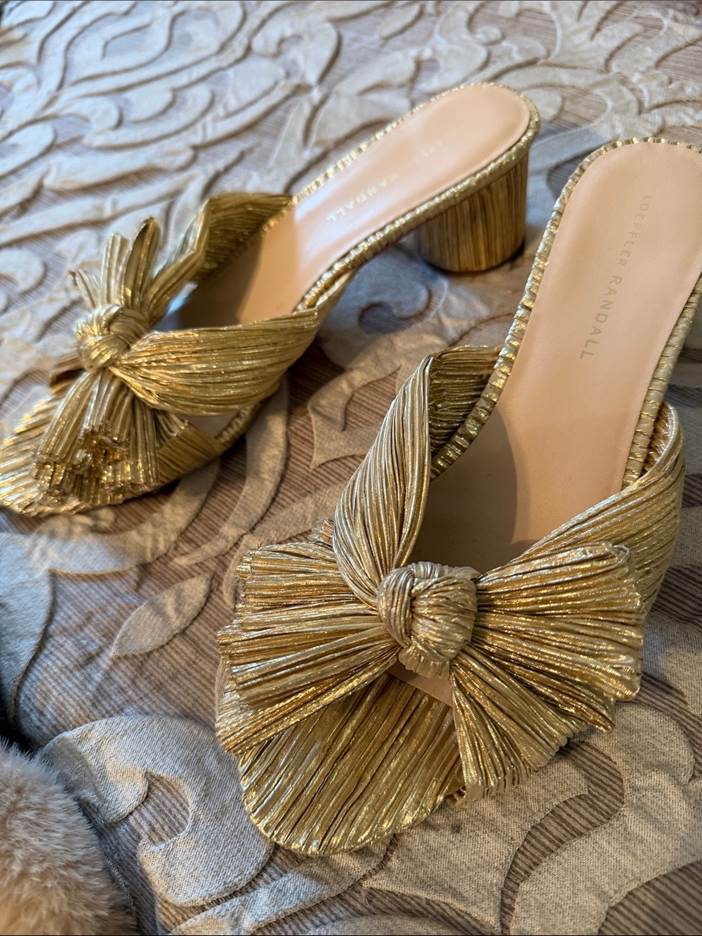 Loeffler Randall gold bow sandal lower heel